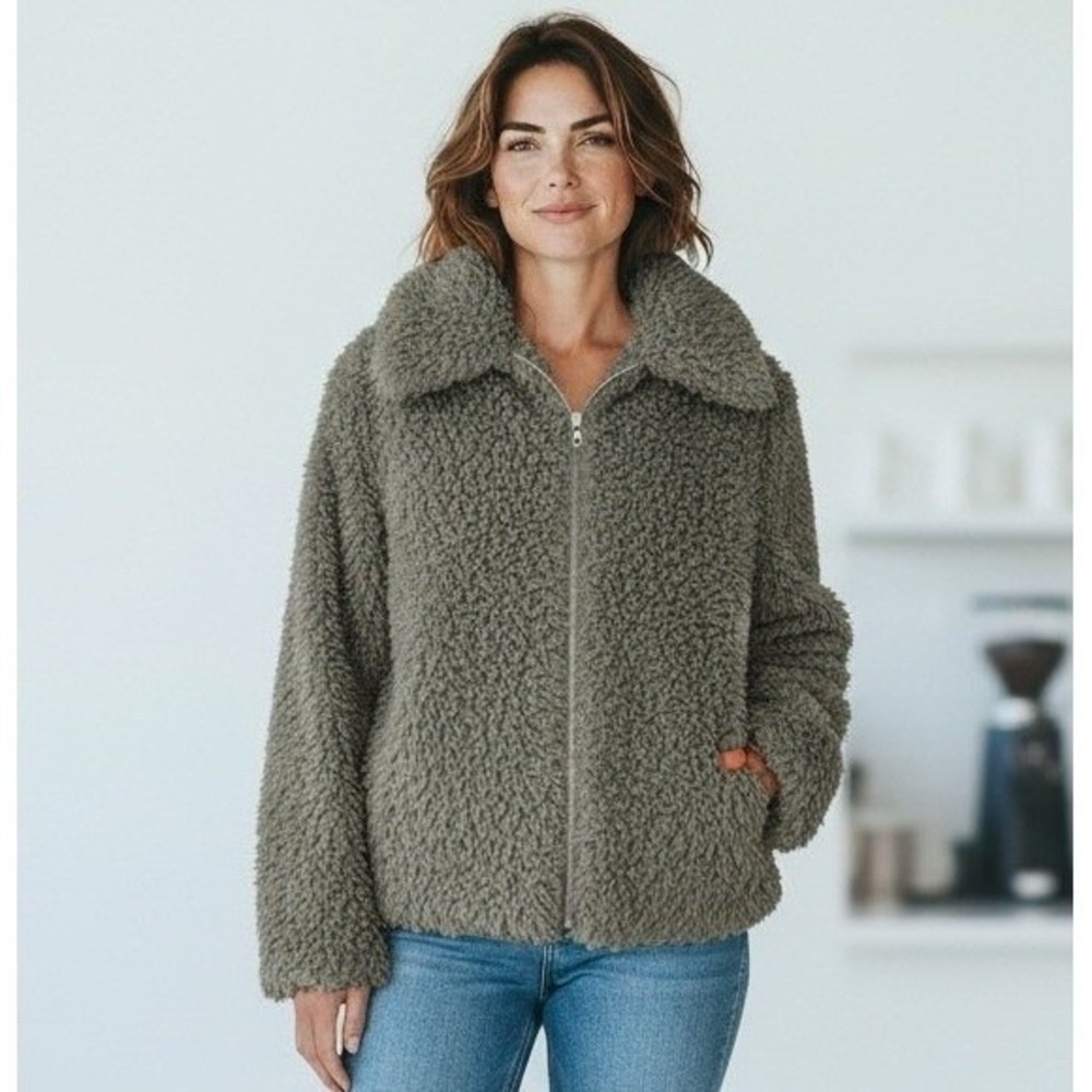 Ya LA Women Jacket L Mocha Faux Fur Shearling‎ Fluffy Long Hair Shaggy Teddy Mob